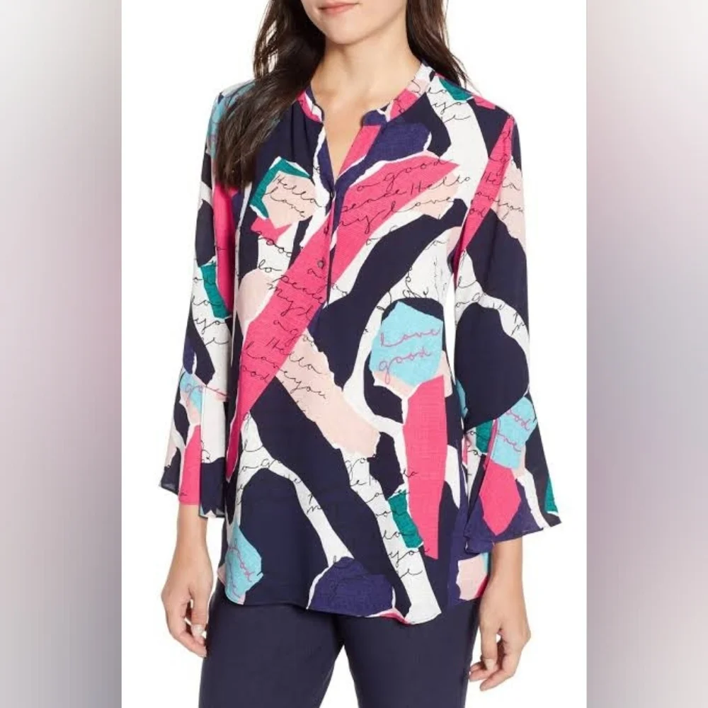 NIC+ZOE Womens Navy Printed Split Wear To Work Blouse Small - Picture 1 of 9